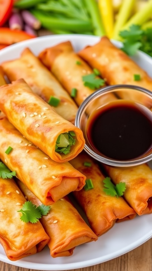Crispy vegetable egg rolls on a plate with soy sauce, garnished with sesame seeds and cilantro.